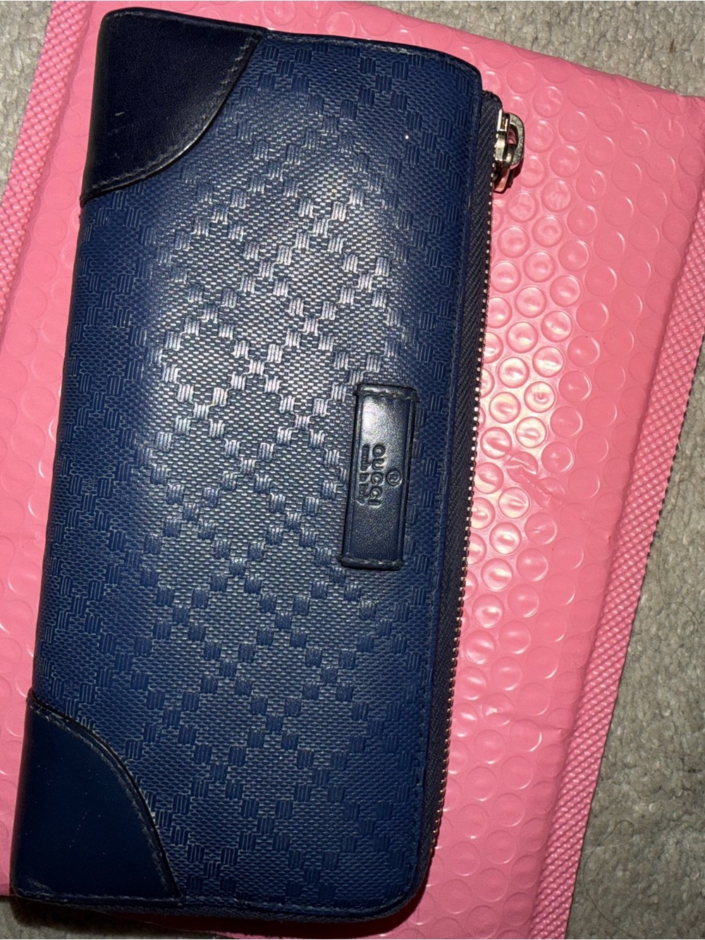 Gucci Navy Embossed Zip Wallet